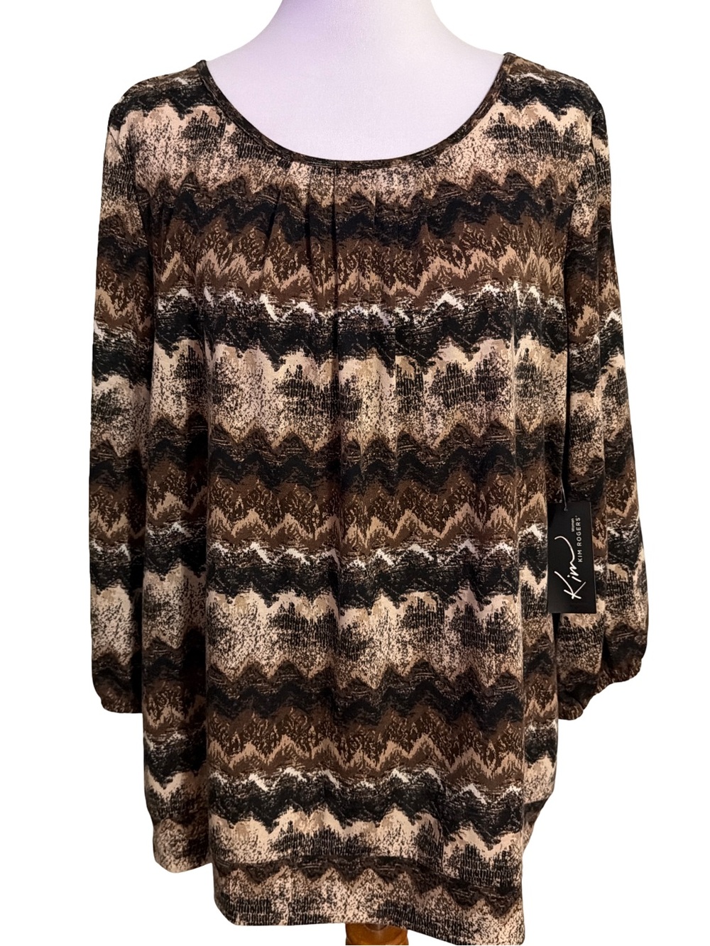 Kim Rogers Brown Chevron-Print Scoop Neck Blouse